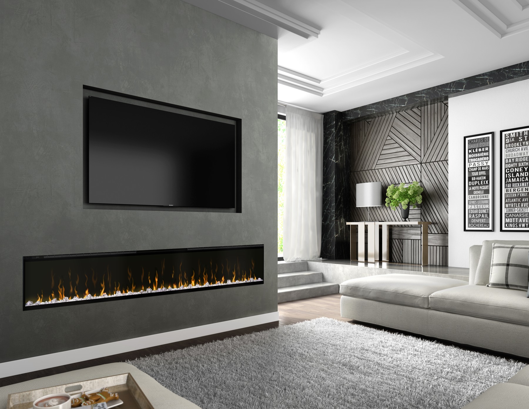 Dimplex Ignite XL 100 linear electric fireplace below a television in a grey living room