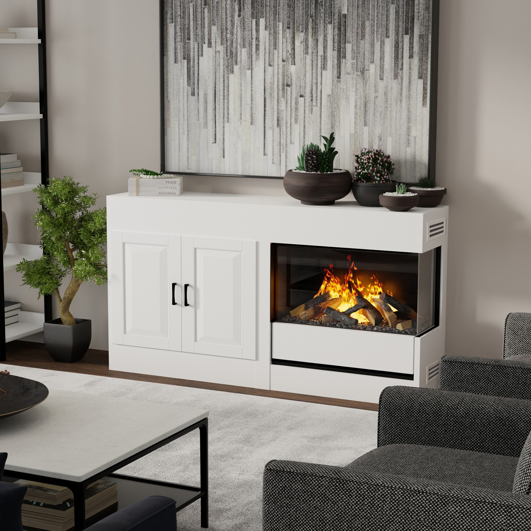 Dimplex Opti-myst Aura water-vapour fireplace with logs in a white cabinet in a living room