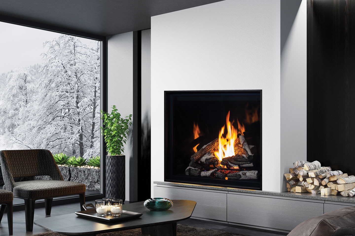 Urbana U44 traditional gas fireplace with a tall flame and log set in a bright contemporary room