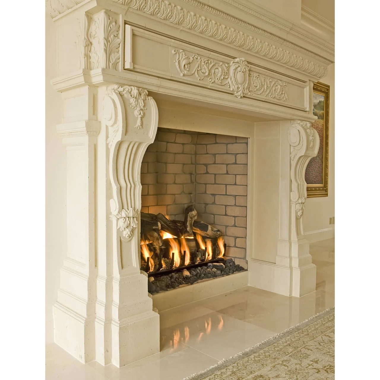 Isokern Magnum series installation with a carved traditional mantel and a wood hearth, from the Magnum 60 product gallery