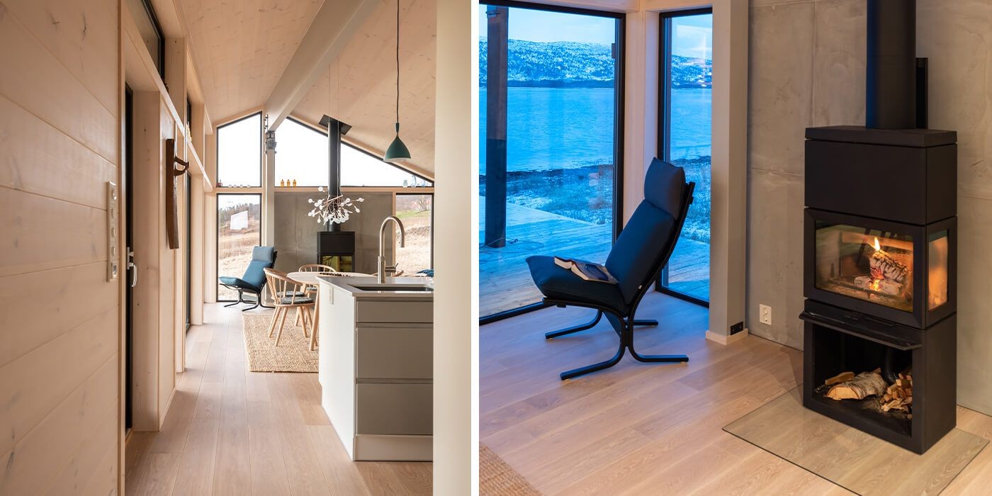 Jotul F 520 HT freestanding wood stove in an architect-designed timber cabin