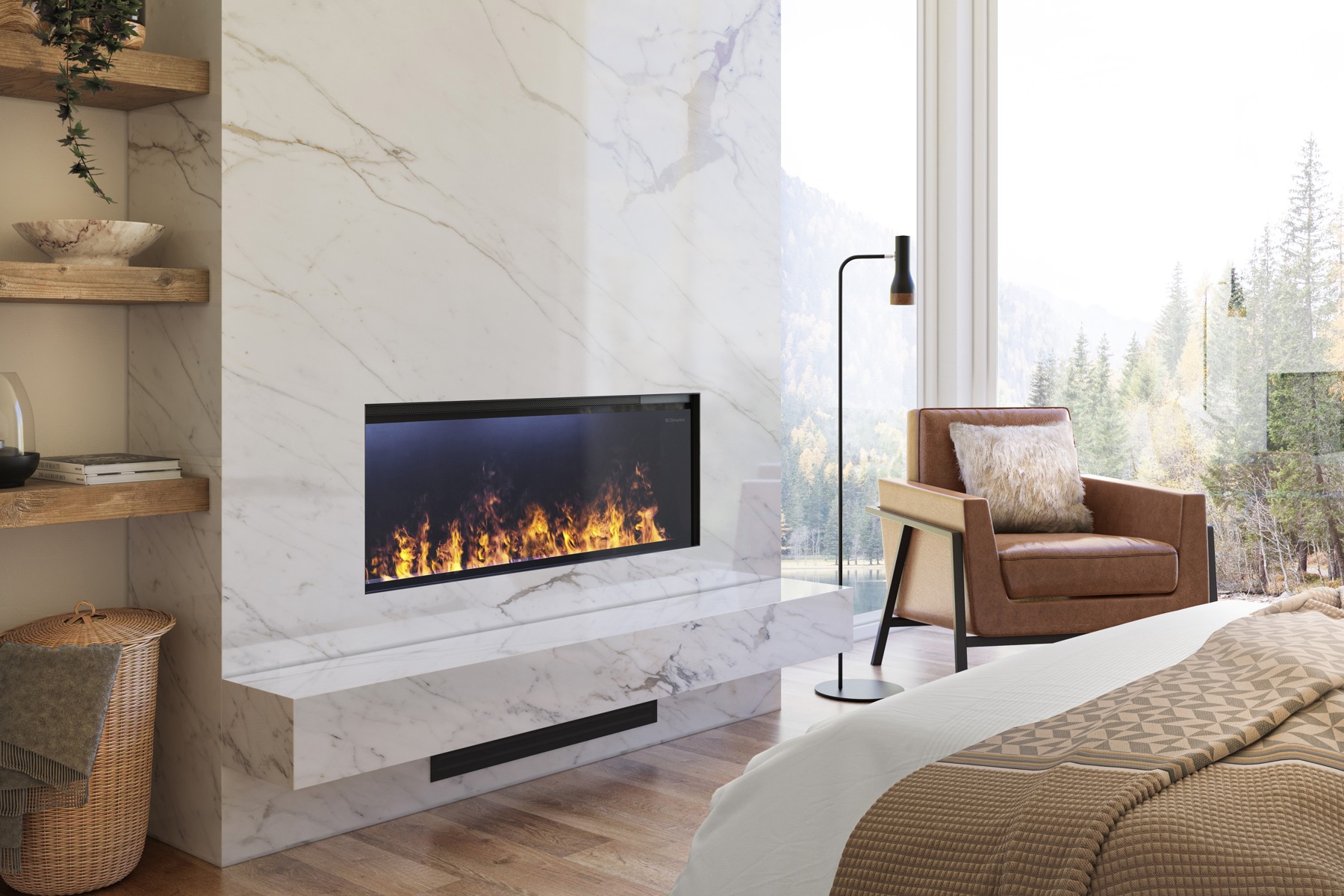 Dimplex Opti-myst Linear water-vapour fireplace in a pale stone bedroom feature wall