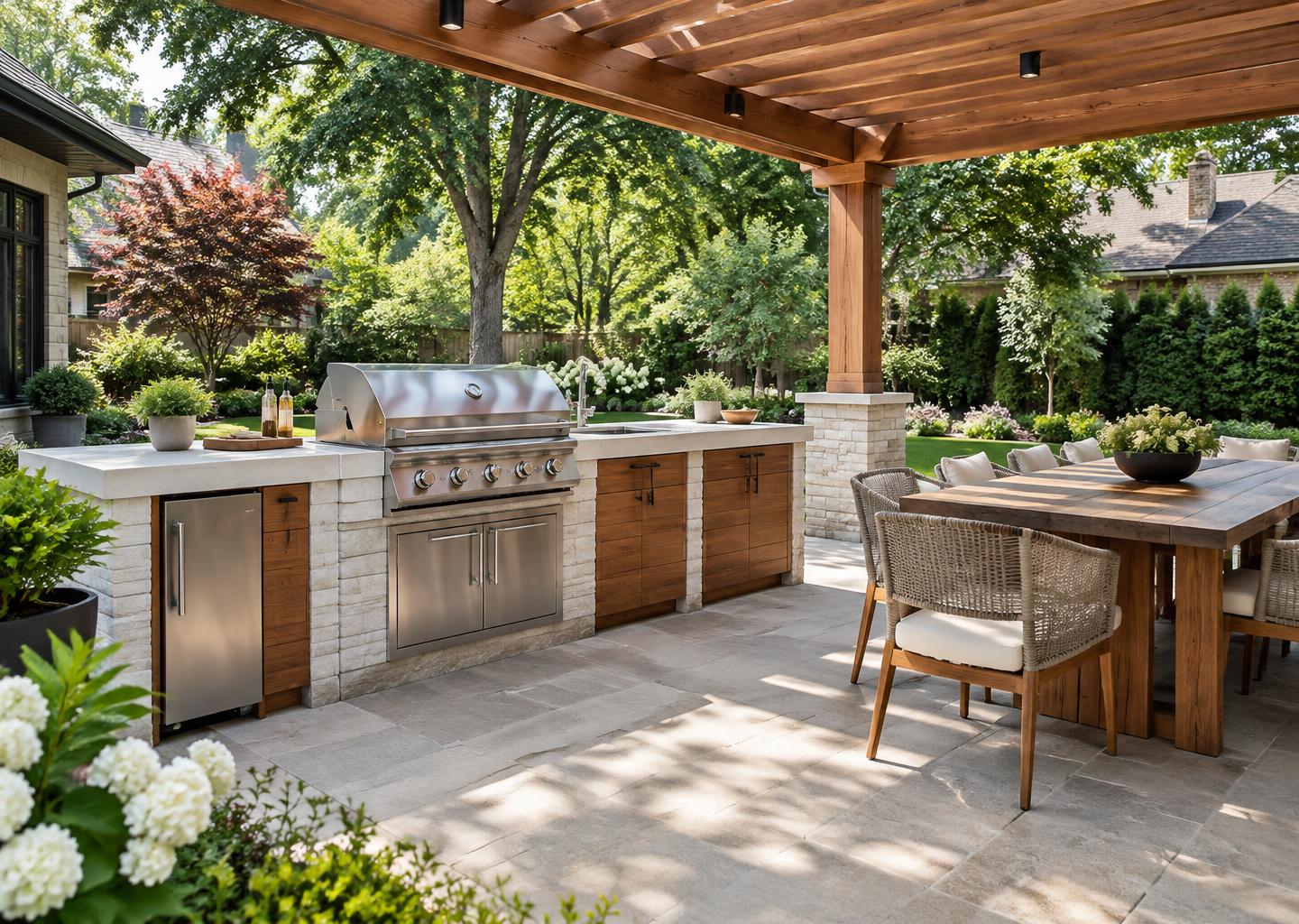 Built-in barbecue in a pale stone island with wood cabinets and a garden dining area