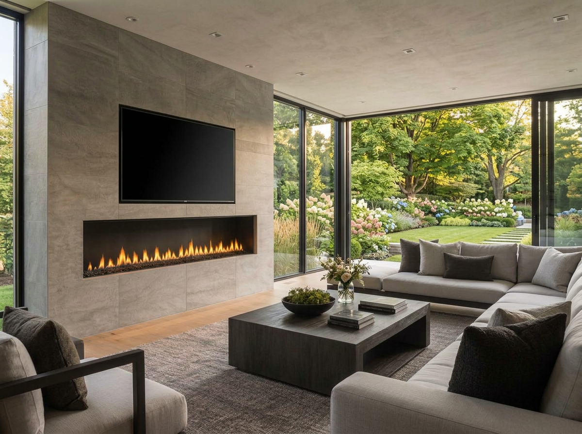 Indoor linear gas fireplace with a television above and a landscaped backyard view