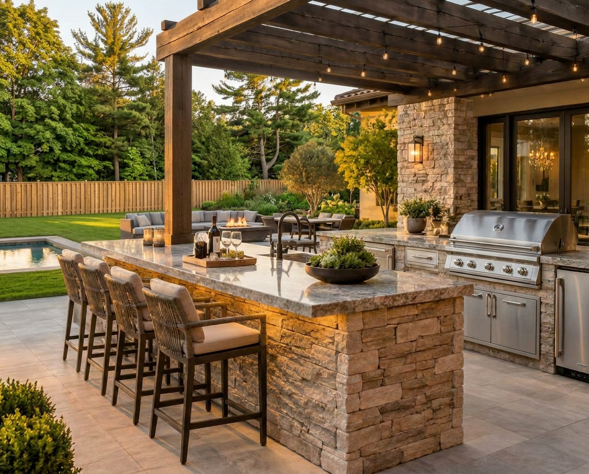 An outdoor kitchen with a built-in stainless steel barbecue and stone island beneath a pergola